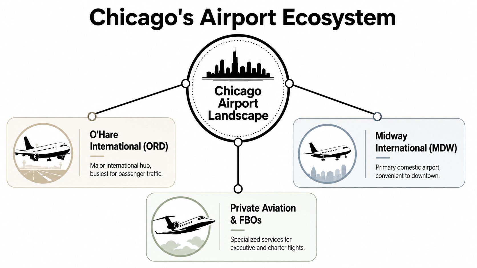 A diagram illustrating the Chicago airport ecosystem including O'Hare International, Midway International, and private aviation services.