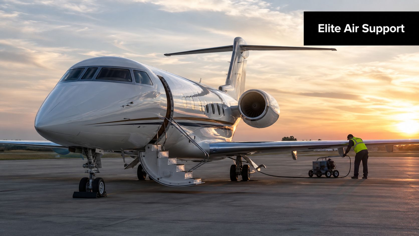 A service worker prepares a private business jet for departure on an airport tarmac at sunset.