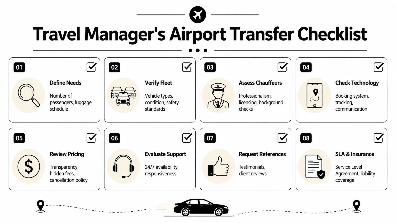 An infographic titled Travel Manager's Airport Transfer Checklist with eight essential steps for booking reliable transport services.