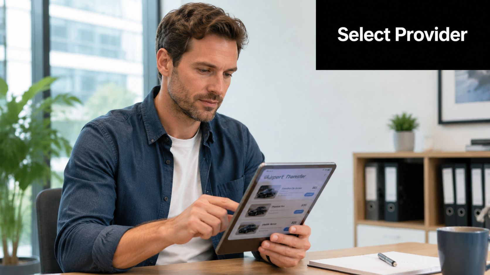A professional man sitting at a desk selecting an airport transfer service provider on his digital tablet.