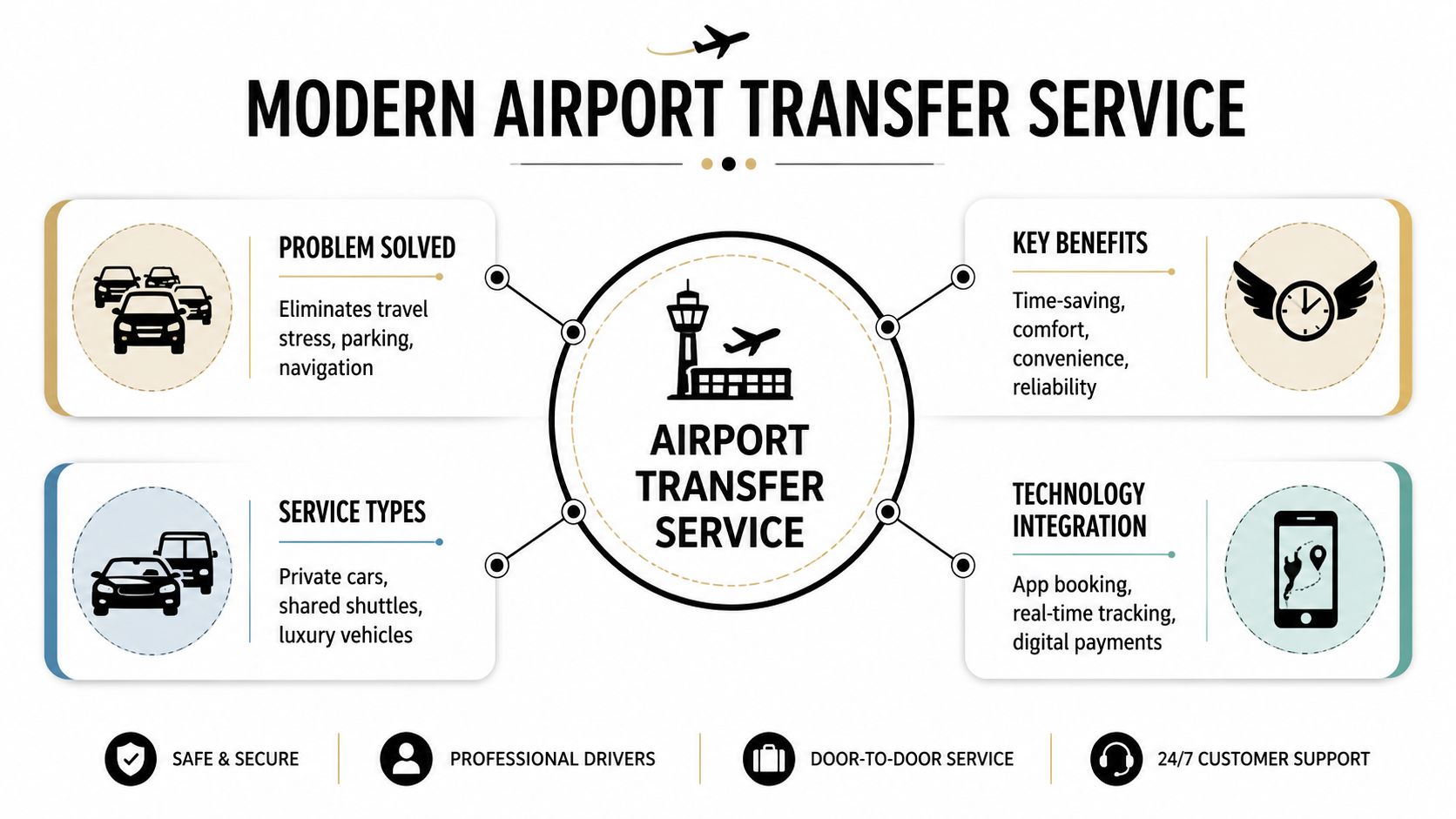 An infographic titled Modern Airport Transfer Service displaying benefits, service types, and technology features for airport travel.
