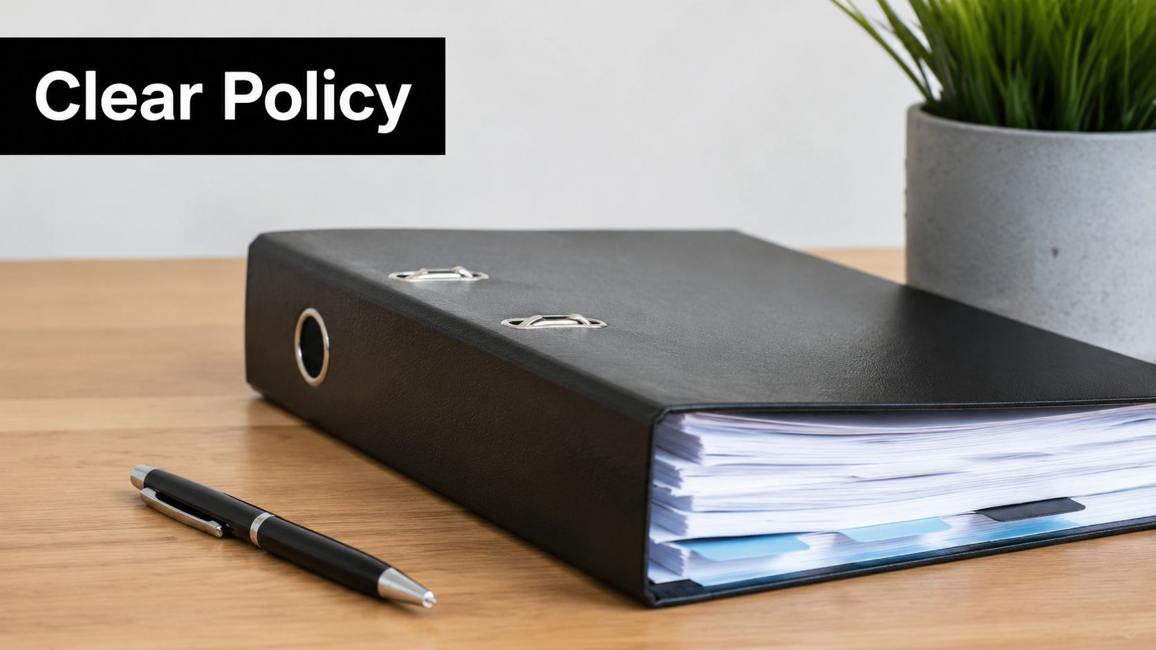 A black office binder filled with documents lying on a wooden desk next to a pen.