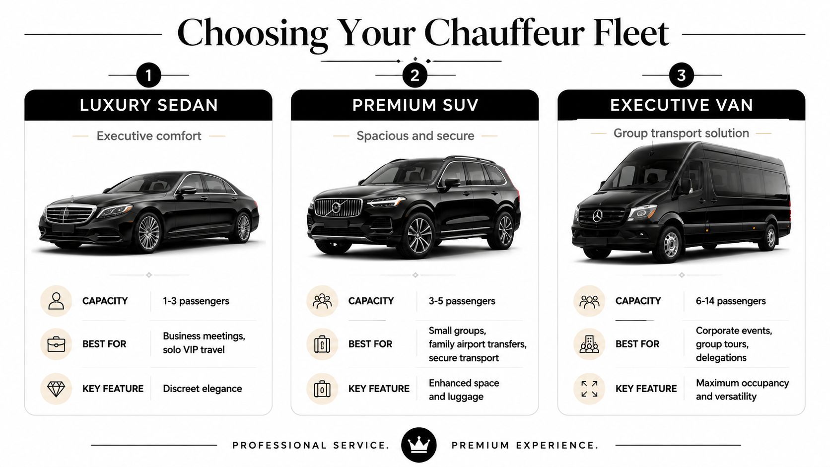 A chart showing three chauffeur fleet vehicle options: Luxury Sedan, Premium SUV, and Executive Van for transport services.