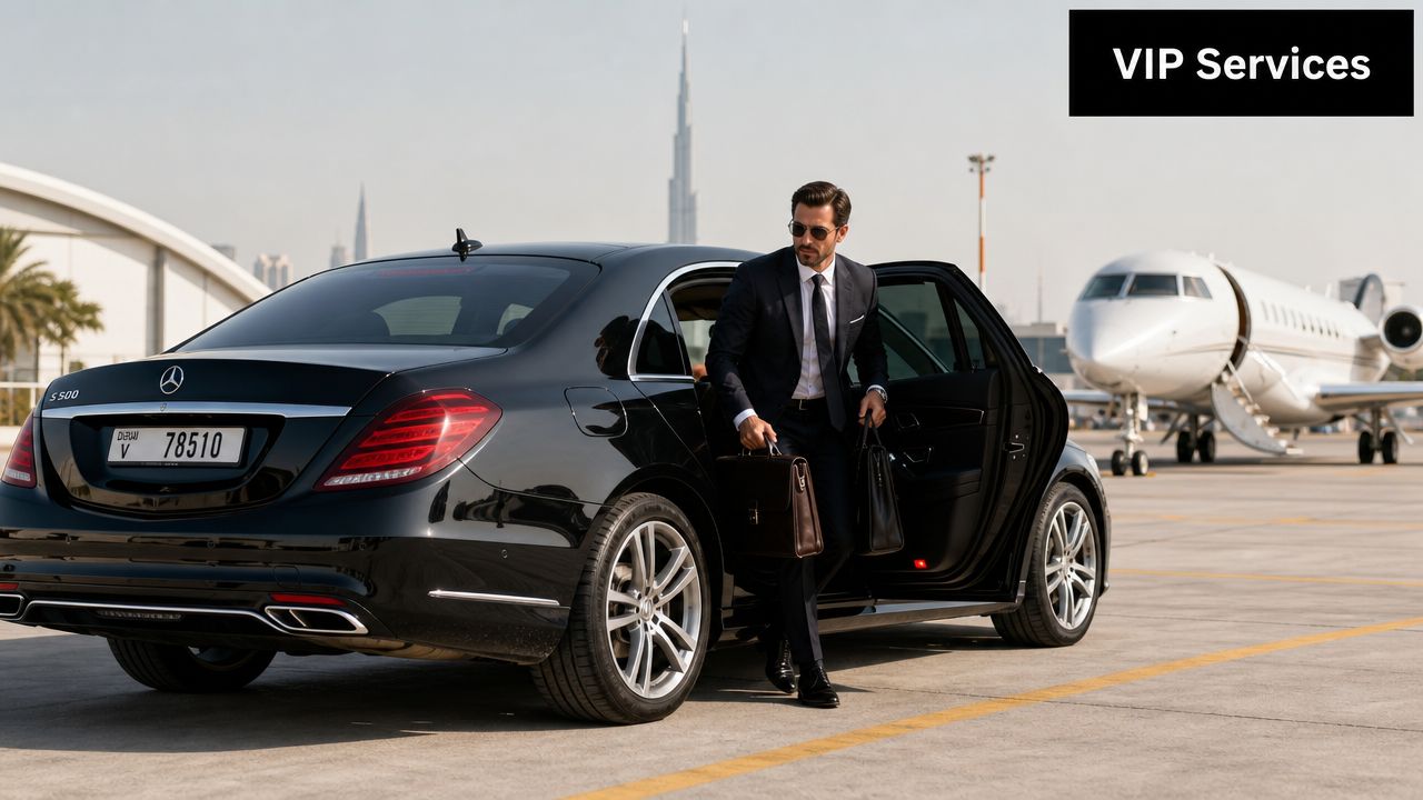 A businessman exiting a luxury black Mercedes S-Class sedan near a private jet at a Dubai airport.