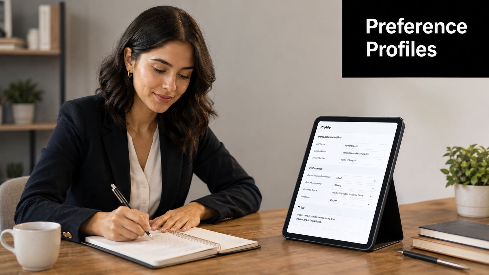 A professional woman writing in a notebook next to a tablet displaying a customer preference profile form.