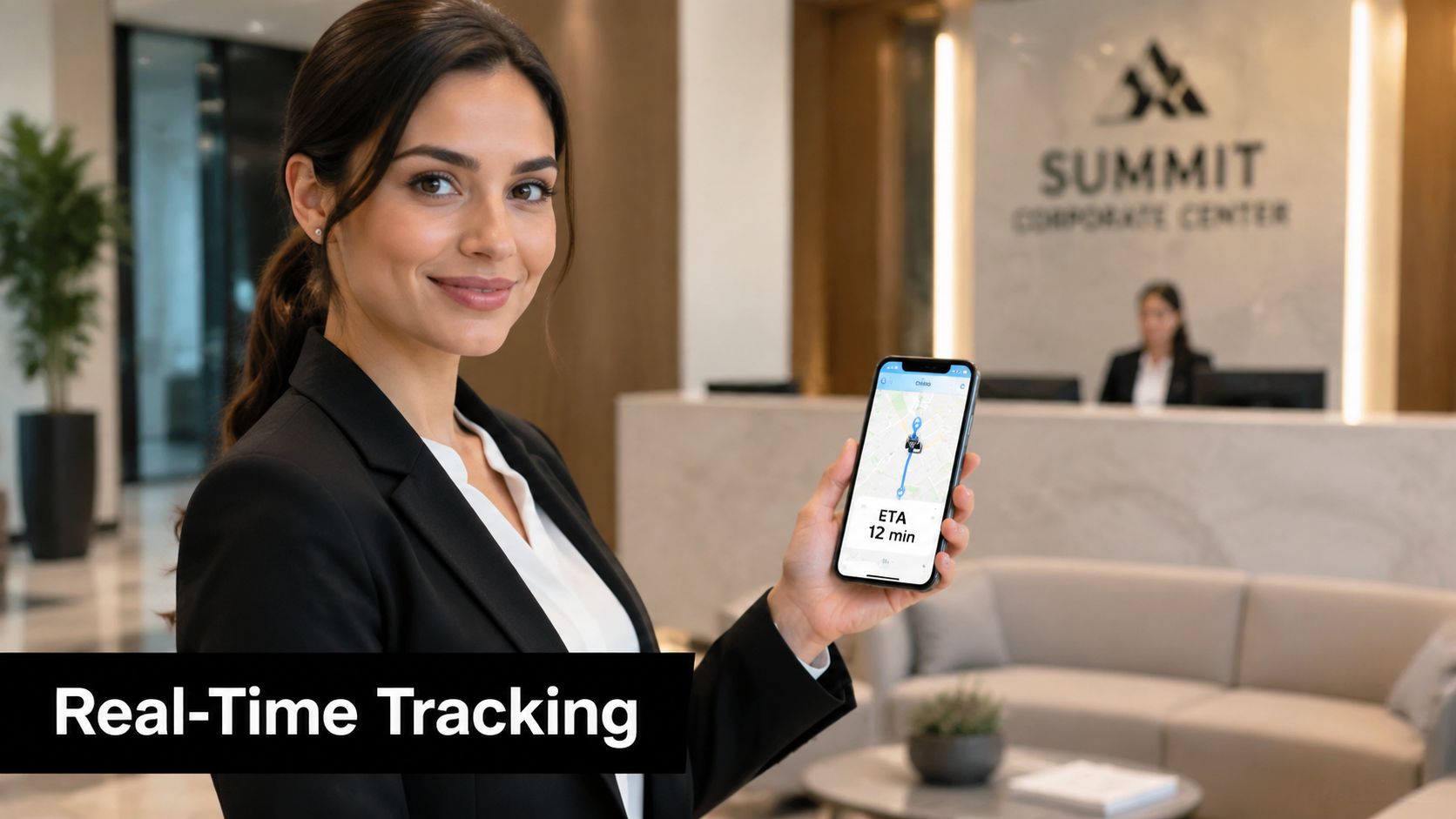 A professional woman in a business suit holding a smartphone displaying real-time vehicle tracking information.