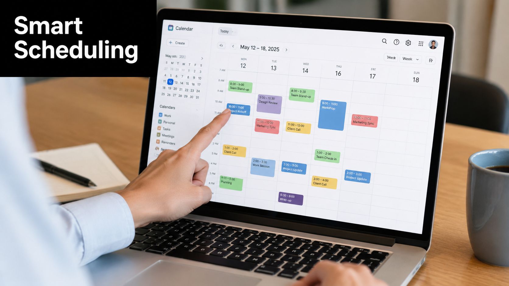 A person using a laptop to organize their busy weekly schedule on a digital calendar interface.
