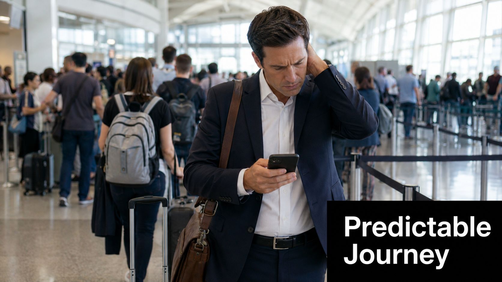 A concerned businessman checking his smartphone while standing in a busy airport terminal near baggage claim.