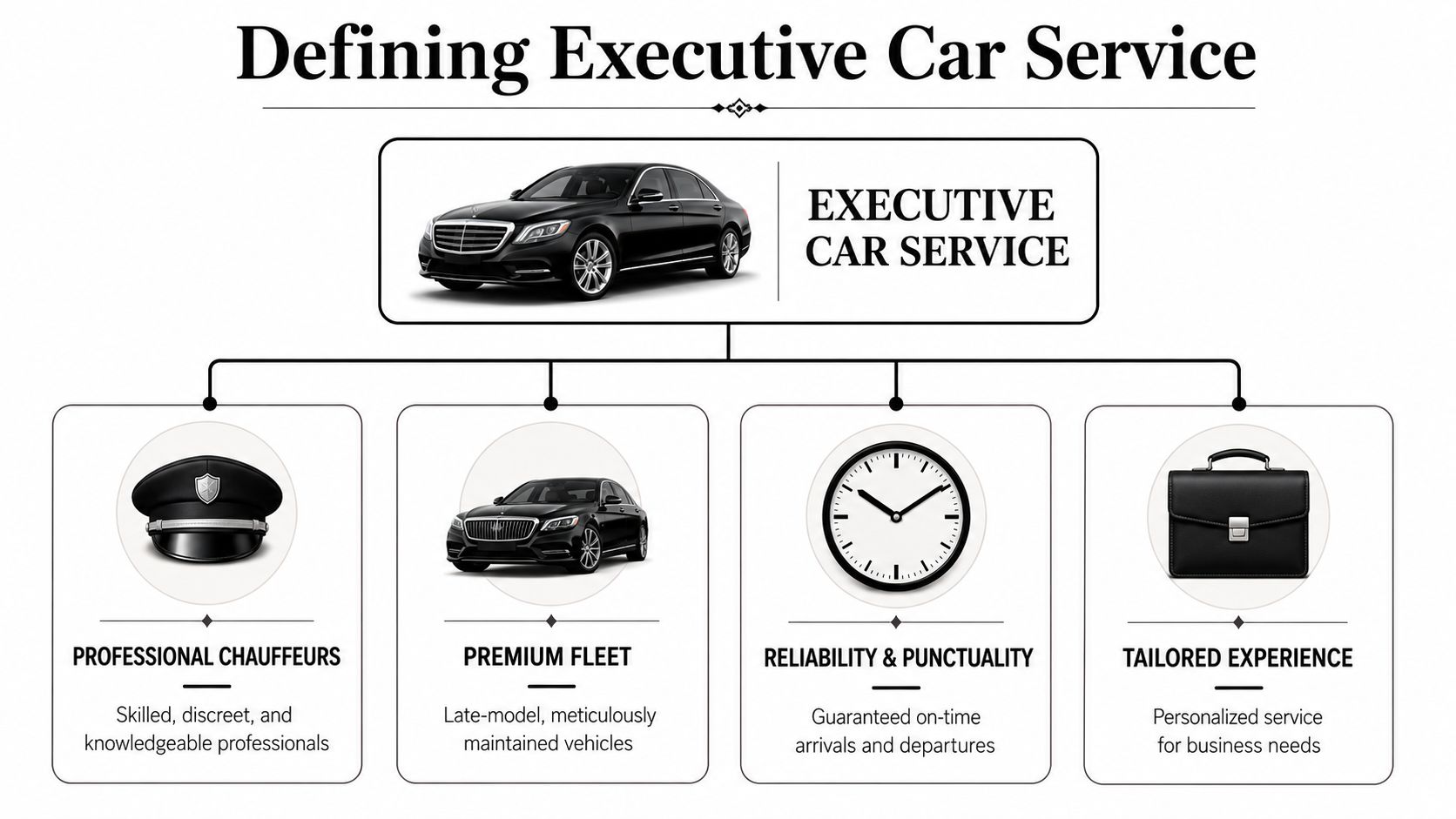 An infographic defining executive car service, highlighting professional chauffeurs, premium fleet, reliability, and tailored experiences.