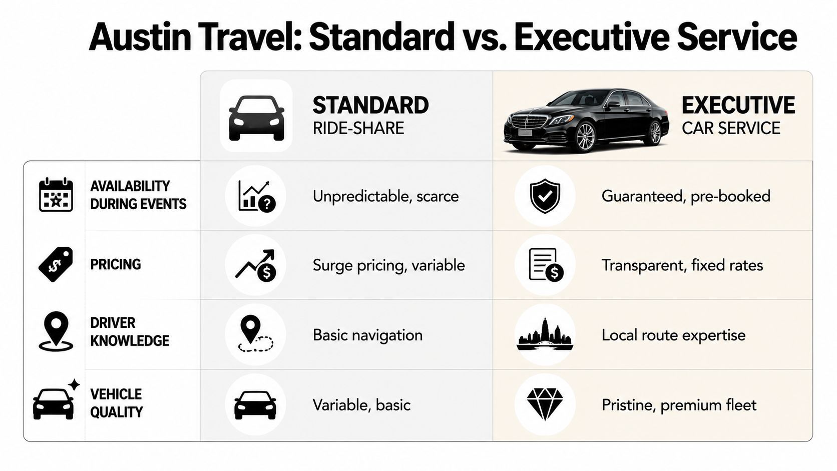 A comparison chart showing differences between standard ride-share and executive car service options in Austin, Texas.