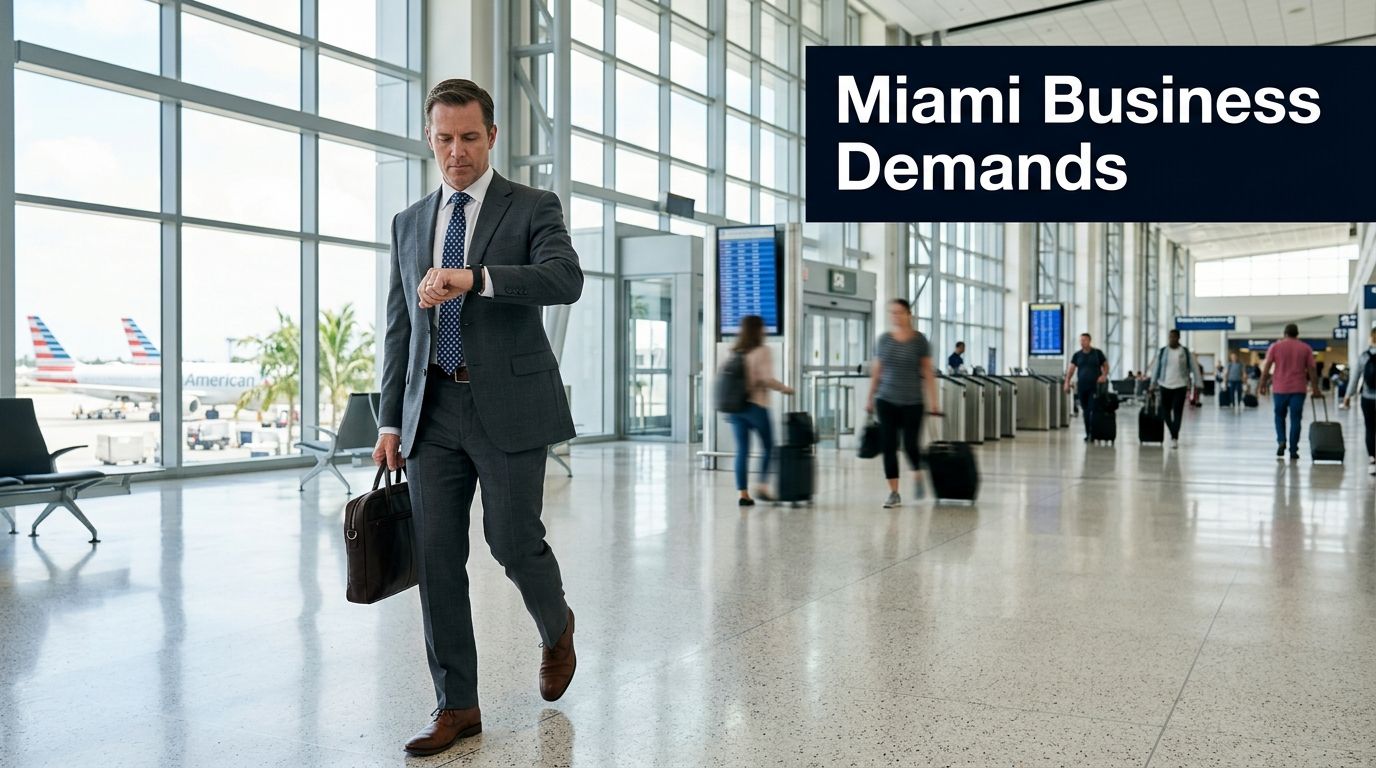 A professional businessman in a suit checking his watch while walking through a bright airport terminal.