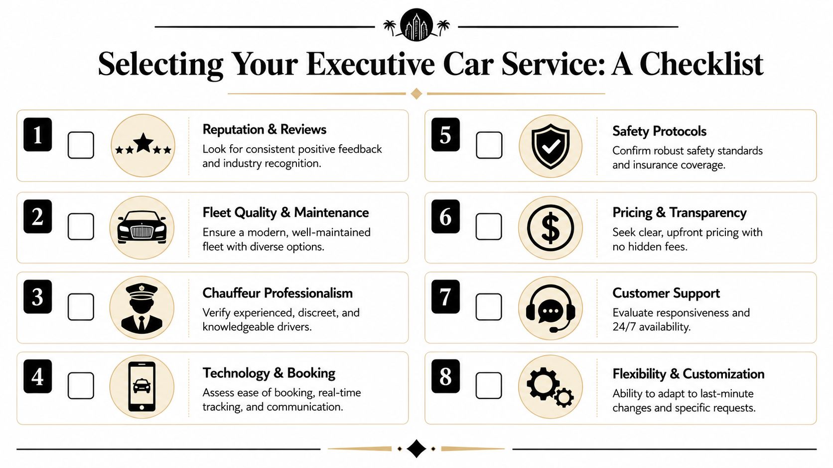A checklist infographic titled Selecting Your Executive Car Service featuring eight key criteria for choosing luxury transport.