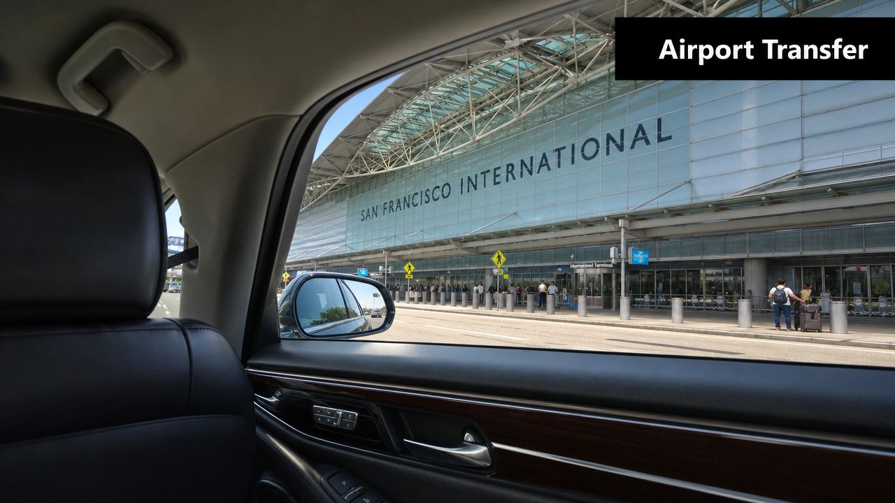 A view from inside a luxury vehicle arriving at the San Francisco International Airport terminal.