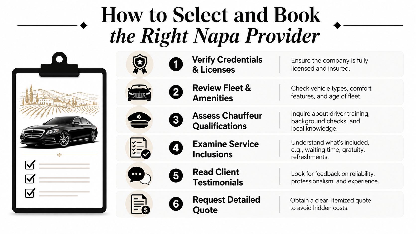A checklist infographic illustrating six essential steps for selecting and booking a professional Napa executive car service.