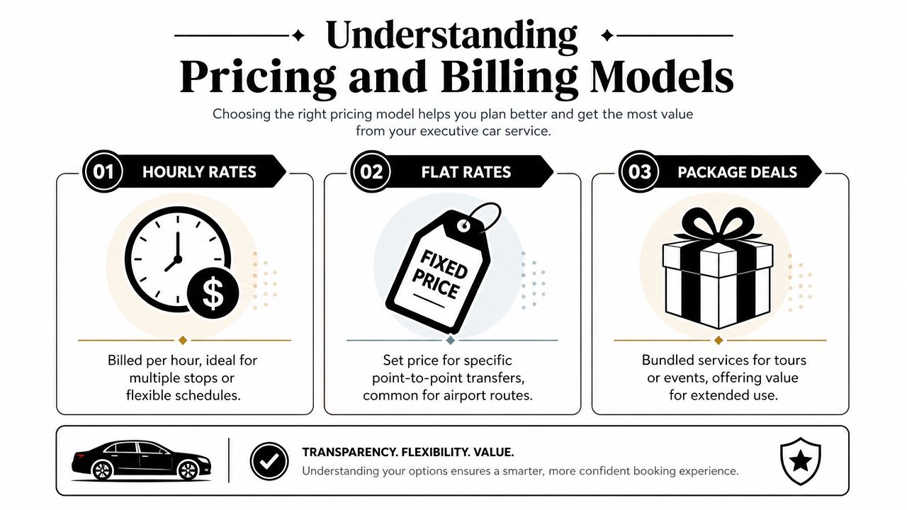 An infographic explaining three common pricing models for executive car services: hourly rates, flat rates, and package deals.