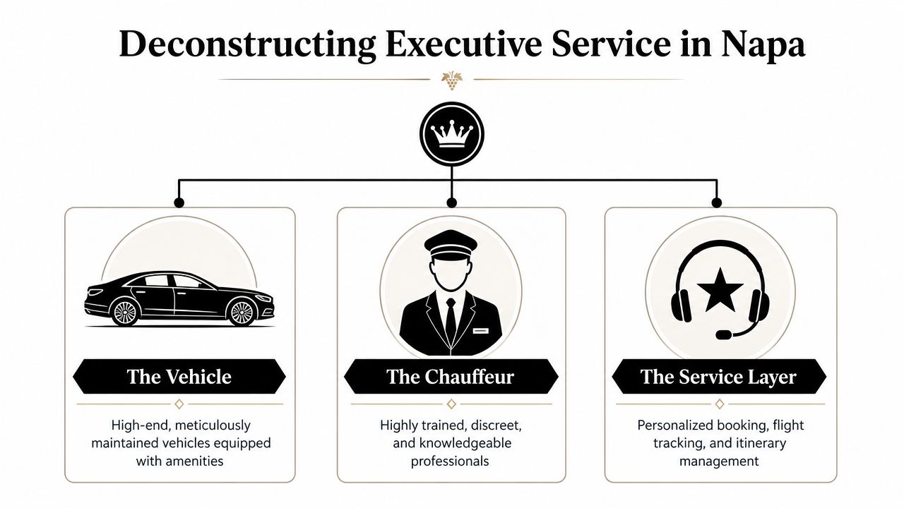 A diagram outlining executive transportation services in Napa, including high-end vehicles, professional chauffeurs, and personalized booking management.