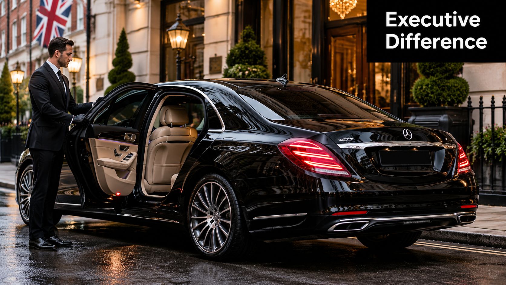 A professional chauffeur in a suit opens the door of a black luxury car in London.