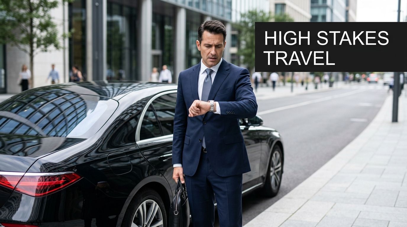 A professional man in a business suit checking his watch while standing by a black luxury sedan.