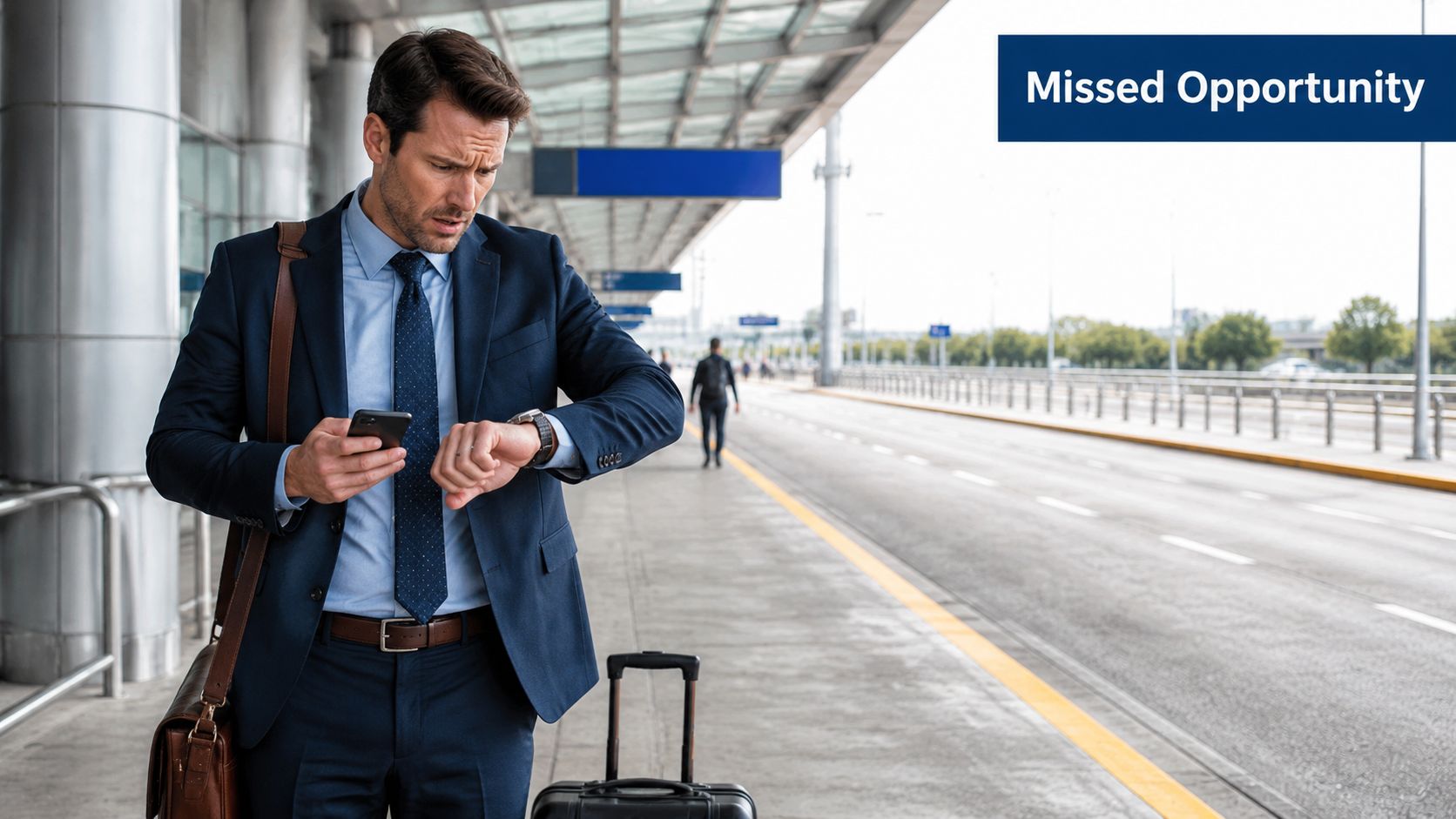 A concerned businessman looking at his watch while holding a phone at a modern airport terminal.