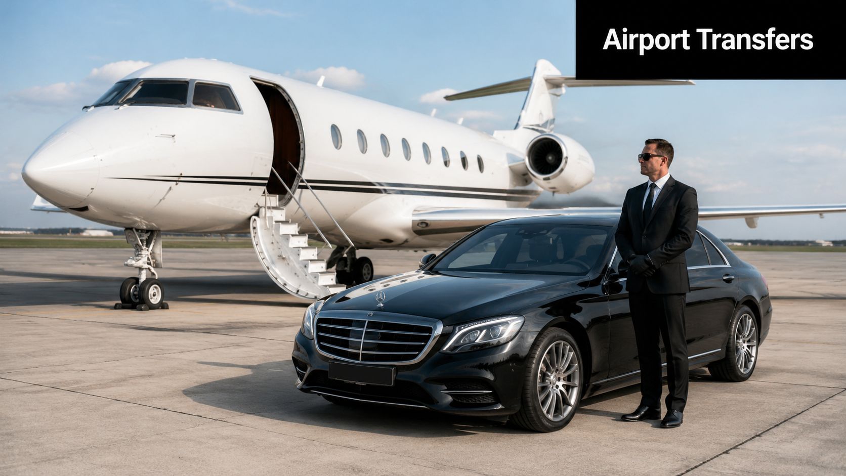 A professional chauffeur standing next to a black luxury car parked in front of a private jet.