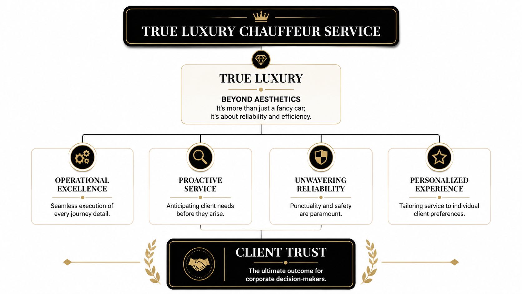 A structured diagram illustrating the core pillars of a premium chauffeur service and its impact on building client trust.