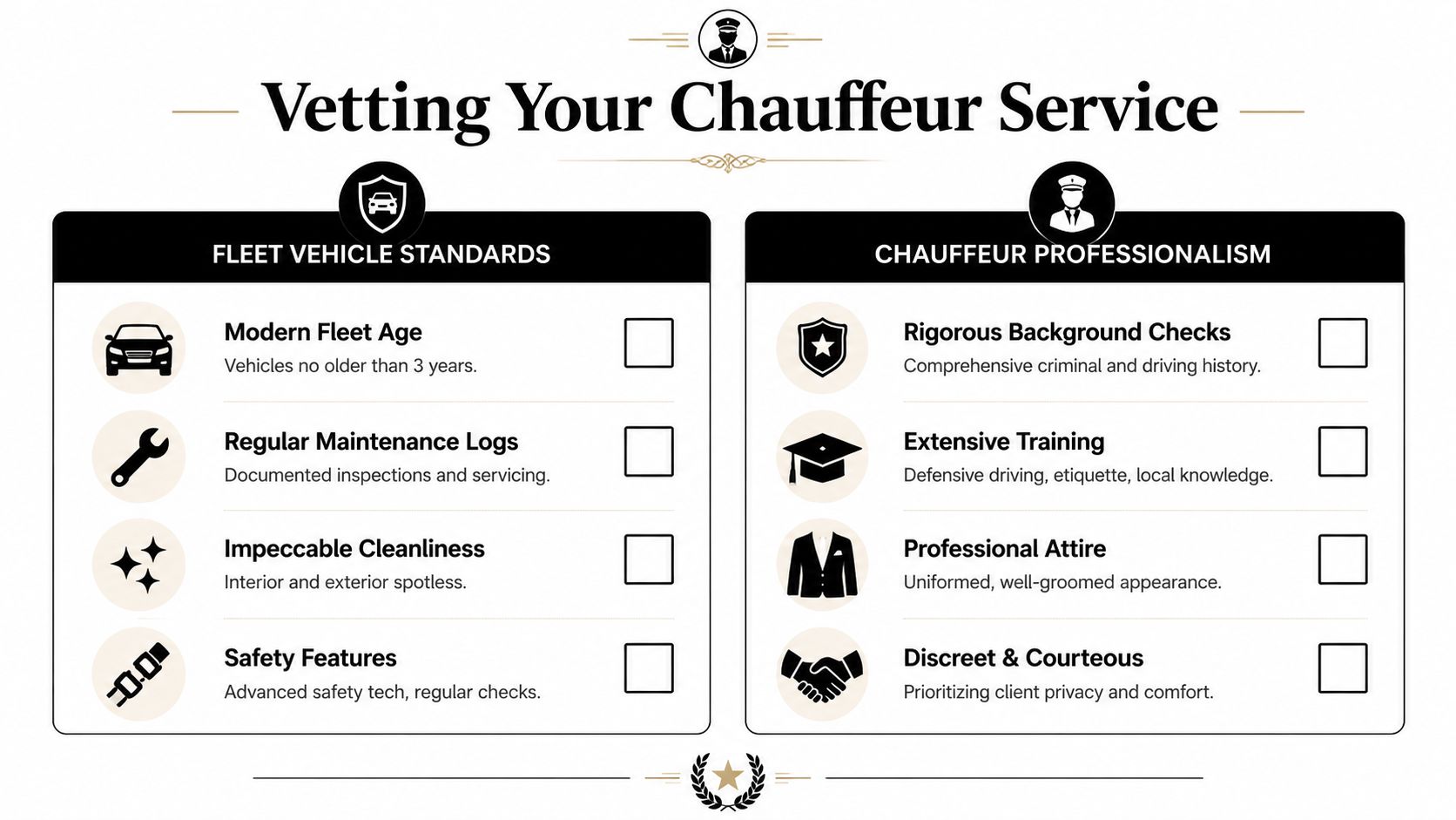 A checklist infographic titled Vetting Your Chauffeur Service, detailing vehicle standards and professional chauffeur requirements for hiring.