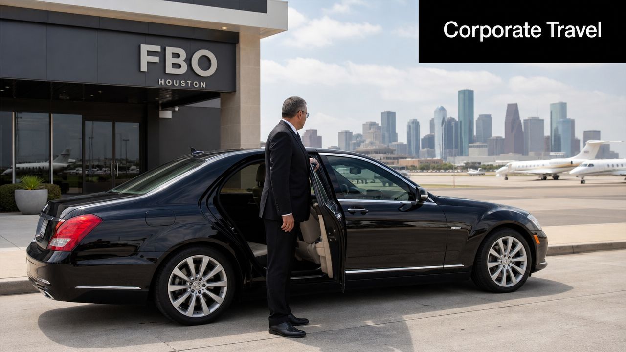 A professional chauffeur stands by a luxury black sedan outside the FBO Houston private aviation terminal building.