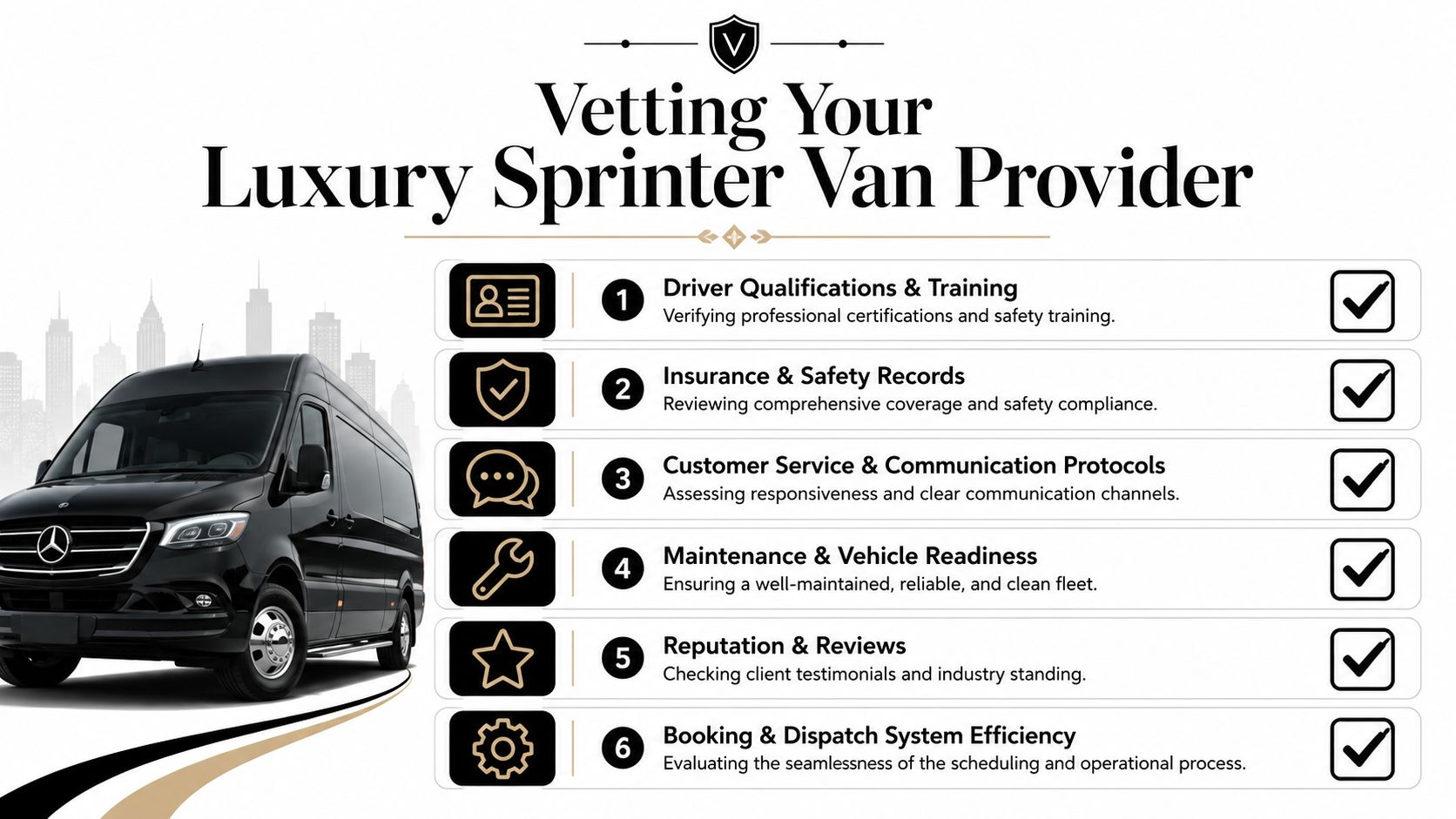 A professional infographic outlining six essential criteria for vetting a luxury sprinter van transportation service provider.