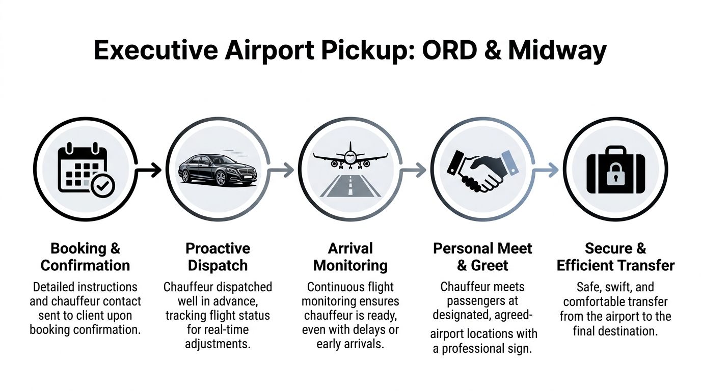 A five-step process infographic illustrating executive airport pickup services at Chicago ORD and Midway airports.