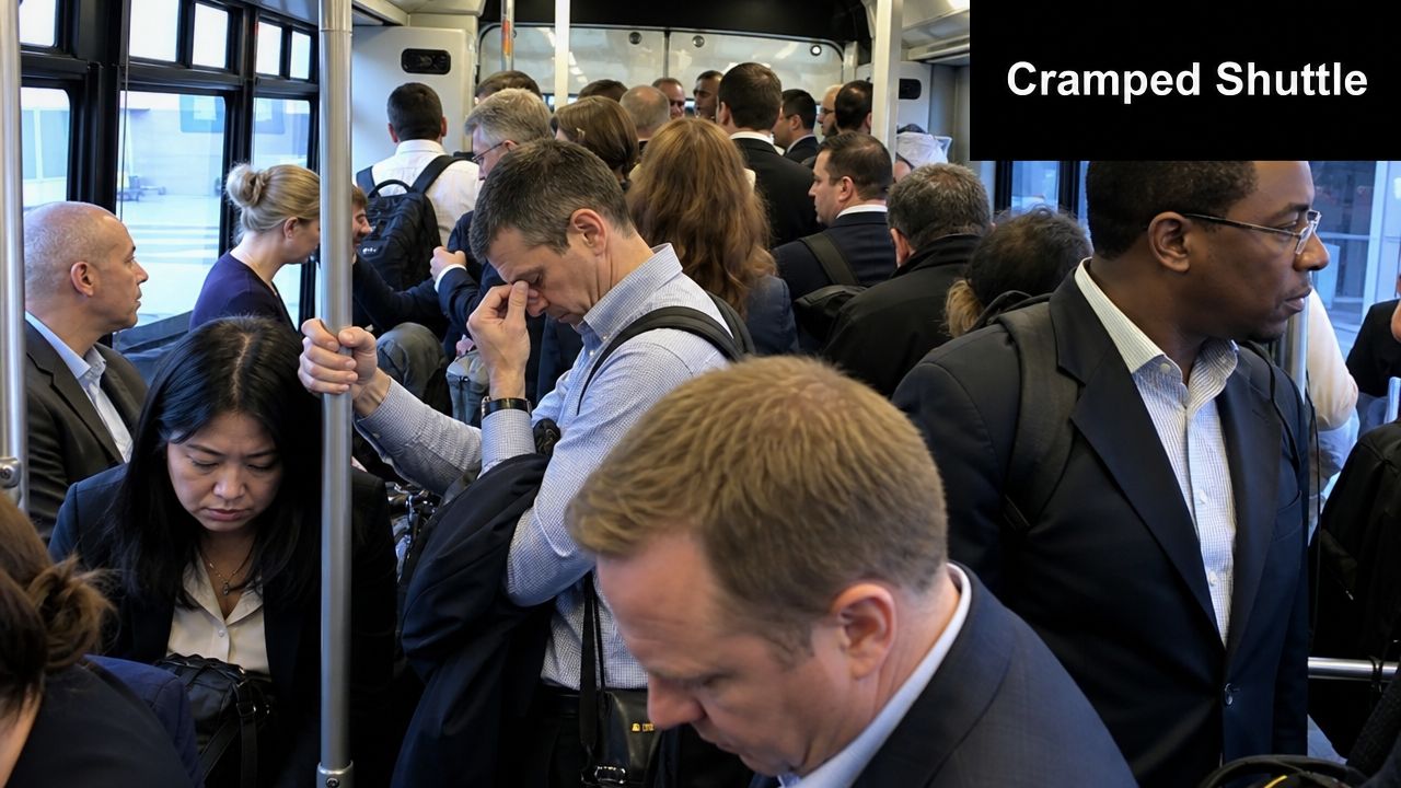 A crowded airport shuttle bus filled with professional passengers looking tired during their commute.