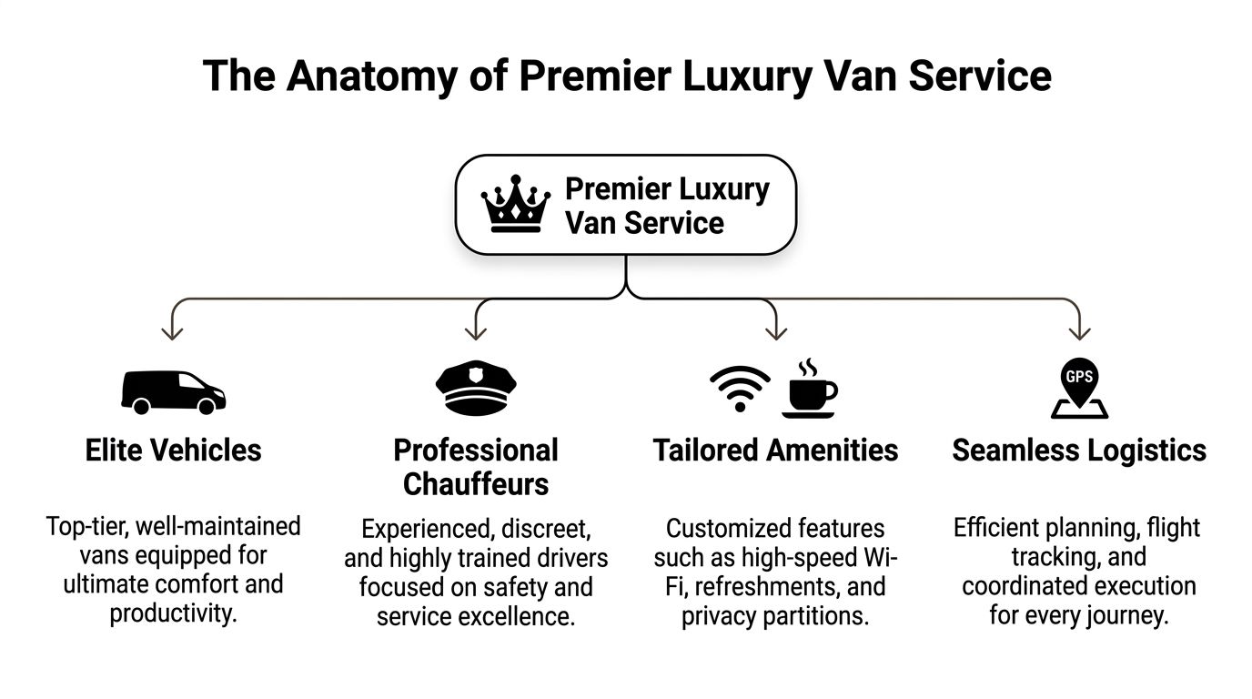 A diagram outlining the key features of a luxury van service, including elite vehicles, professional chauffeurs, amenities, and logistics.