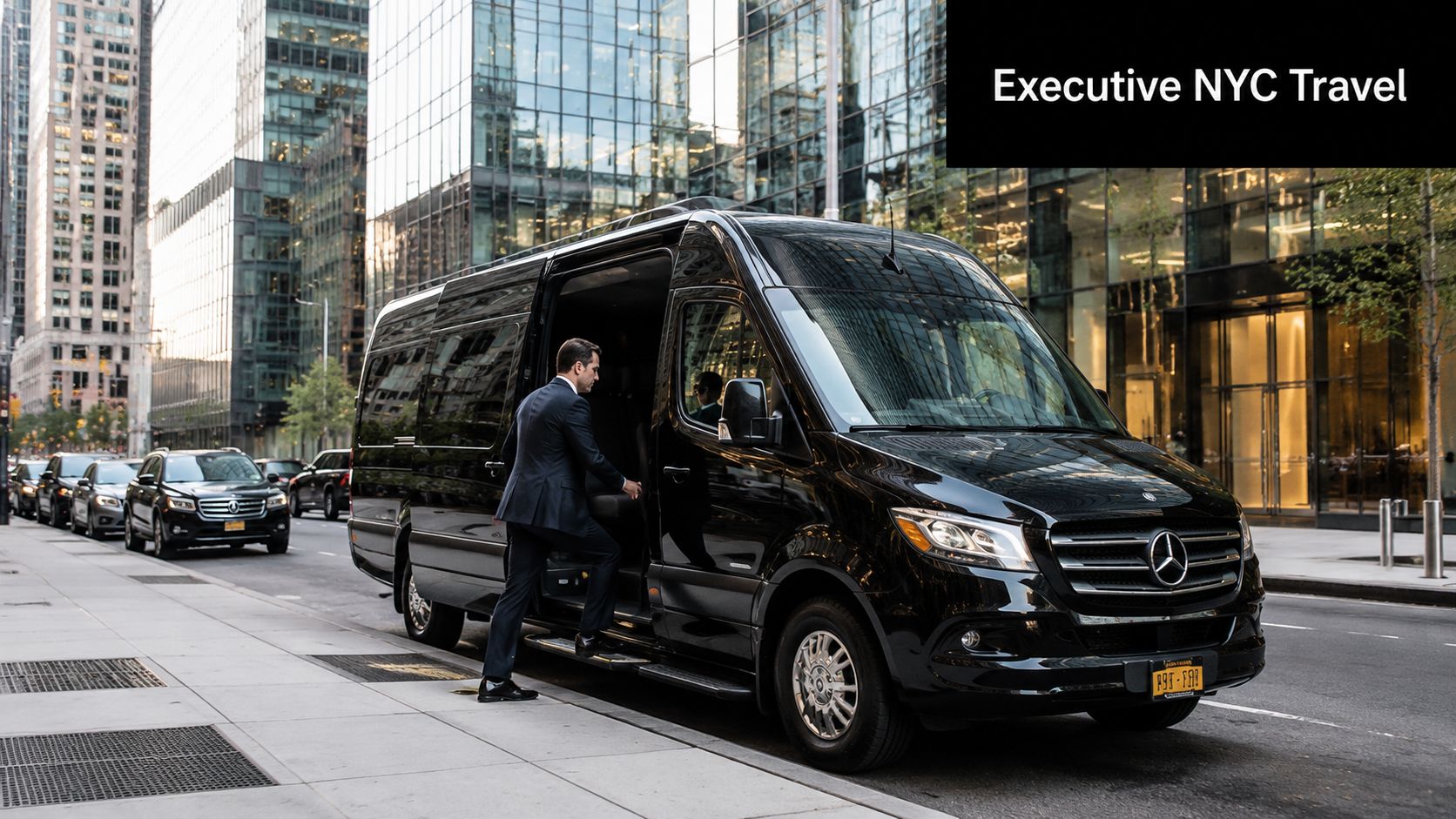 A professional man in a suit entering a black Mercedes-Benz Sprinter luxury van in New York City.