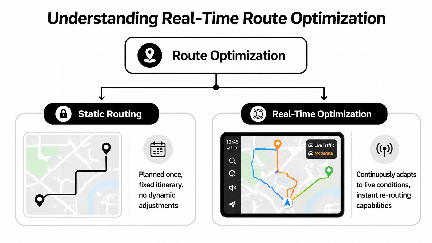 A diagram comparing static routing, which uses a fixed itinerary, against real-time optimization with dynamic adjustments.