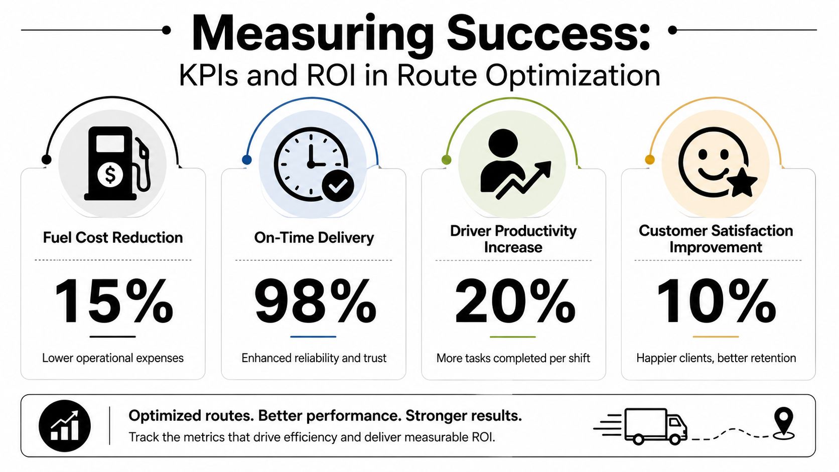 An infographic detailing KPIs for route optimization, showing improvements in fuel, delivery time, productivity, and customer satisfaction.