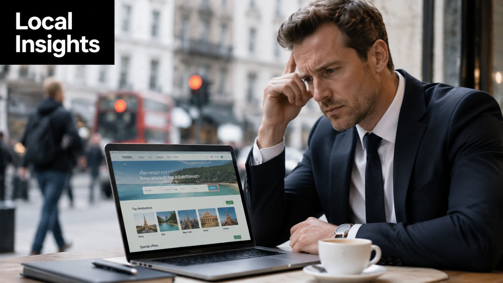 A thoughtful businessman in a suit looks at a travel website on his laptop at a cafe.