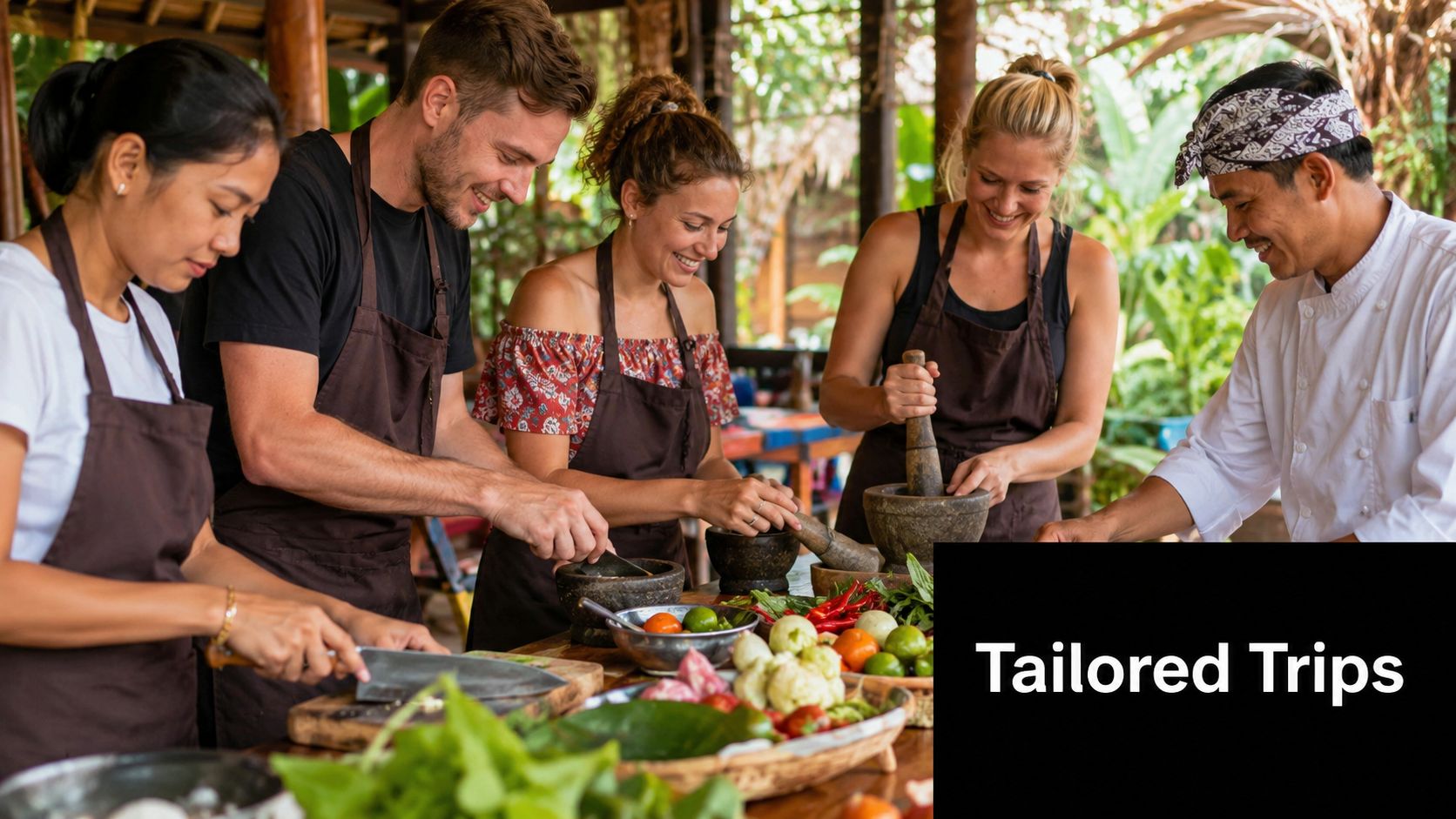 A group of people wearing aprons learn to cook traditional Thai food during a cooking class.