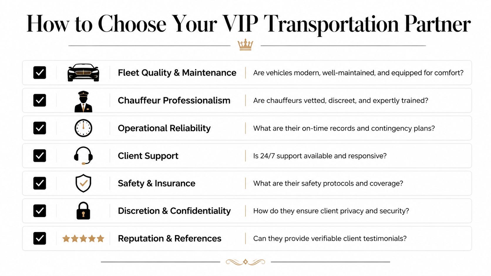 A checklist infographic titled How to Choose Your VIP Transportation Partner illustrating key factors for luxury vehicle service.