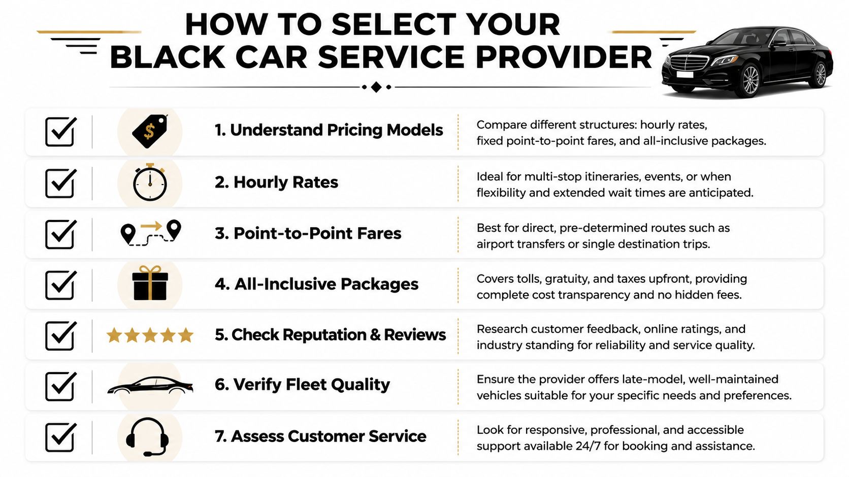 An infographic detailing seven essential steps for choosing a professional black car service provider for transportation.