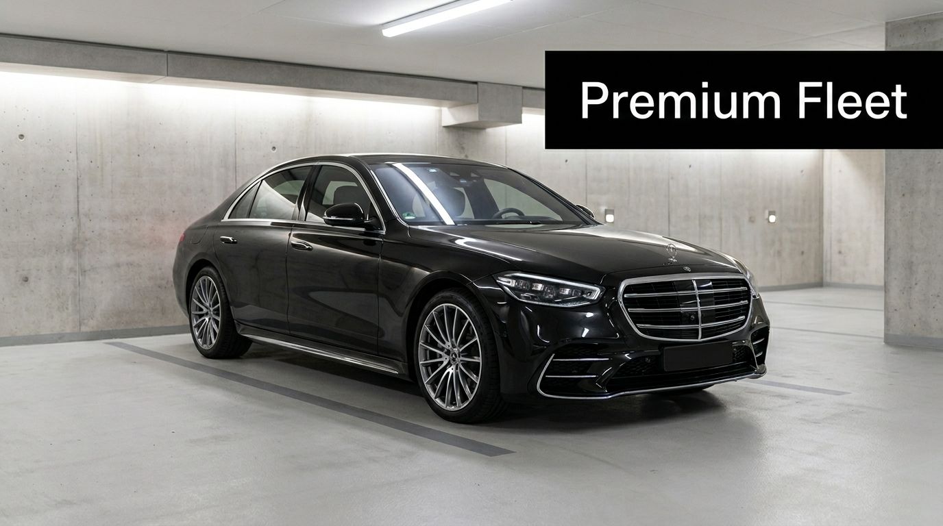 A luxurious black Mercedes-Benz sedan parked inside a clean and modern concrete parking garage structure.