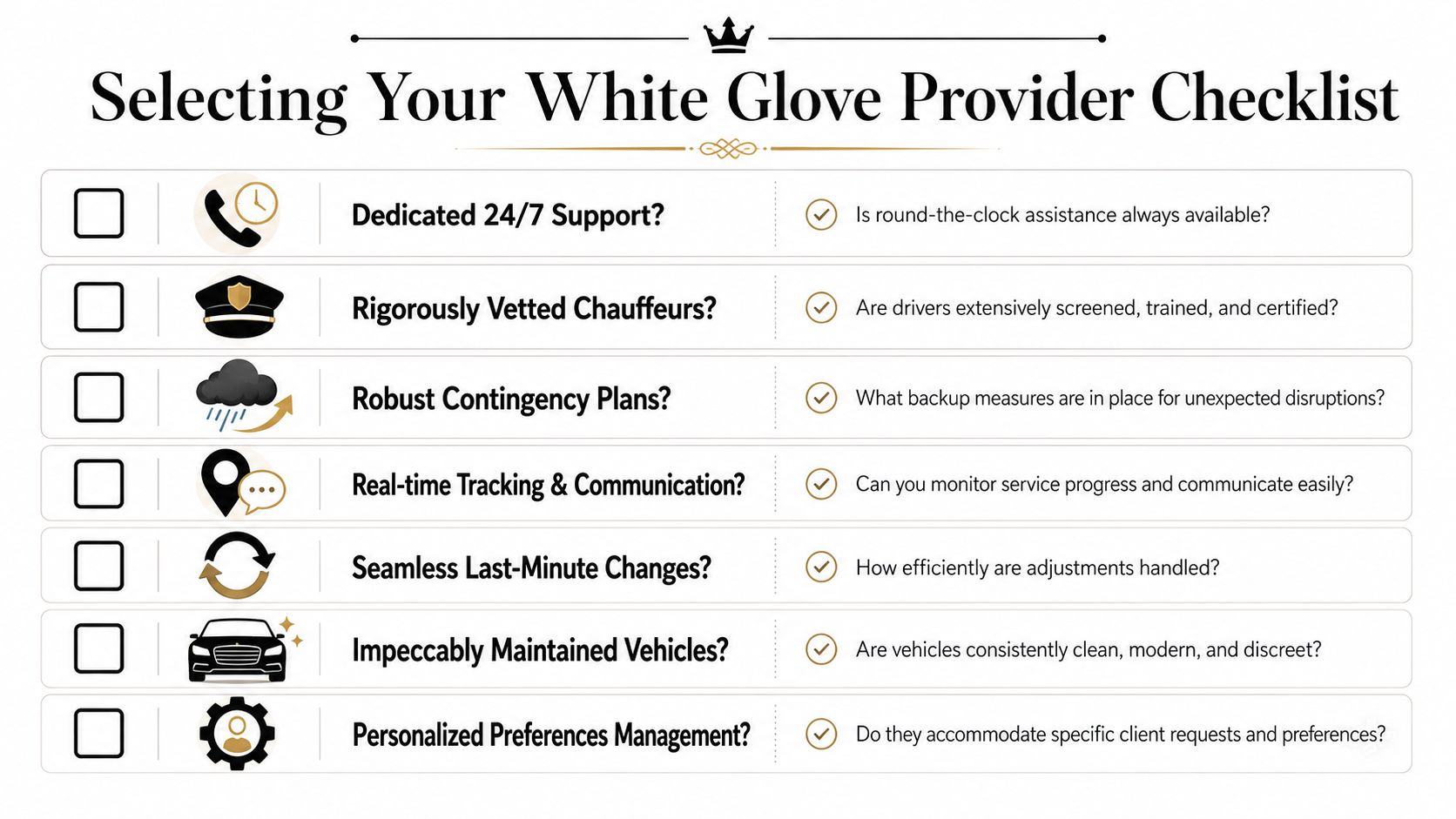 A checklist for selecting a professional white glove transportation provider, outlining key service quality standards and criteria.