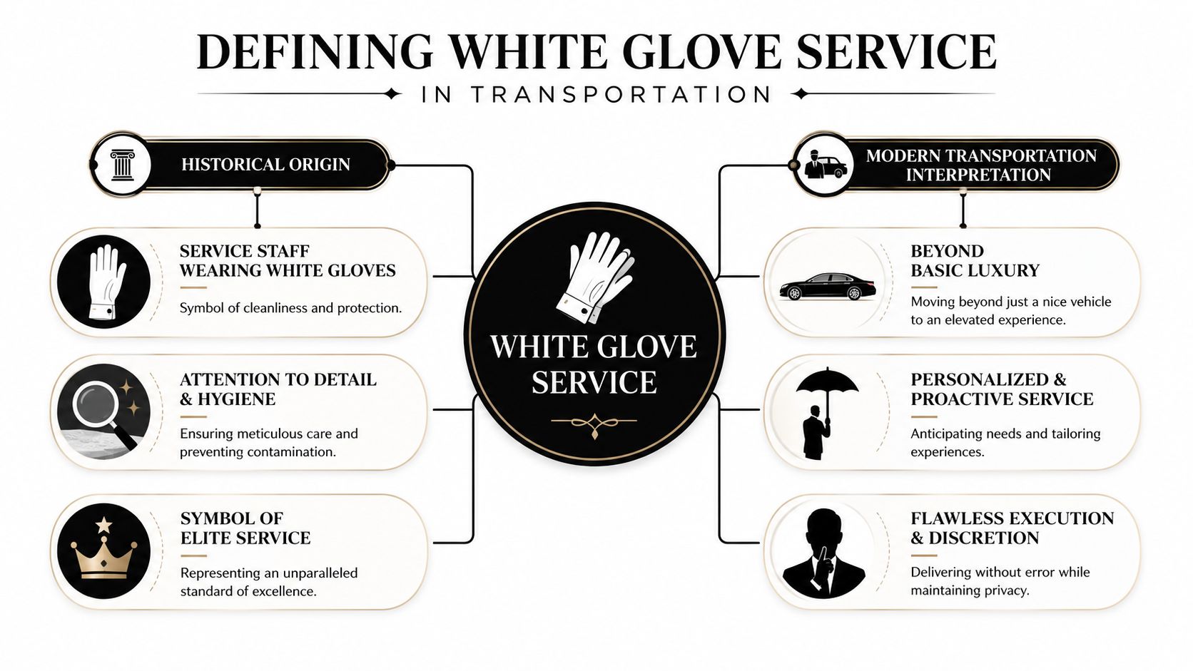 A diagram defining white glove service in transportation, breaking down historical origins and modern interpretations.