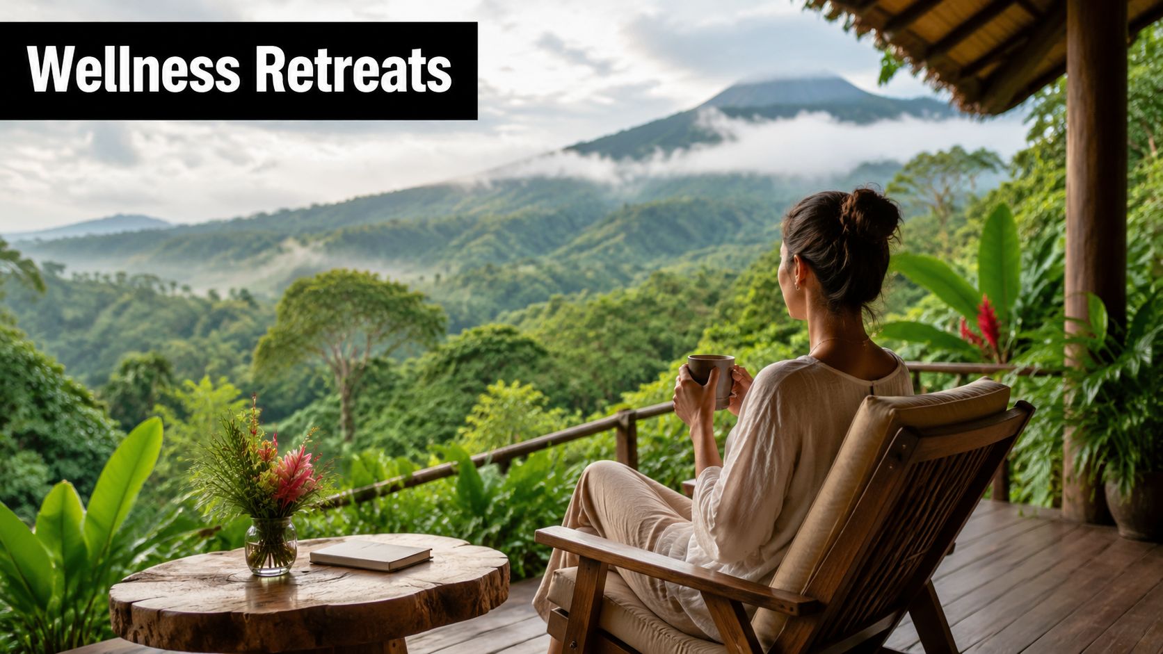 A woman relaxes on a balcony overlooking a lush mountain landscape while holding a coffee mug.