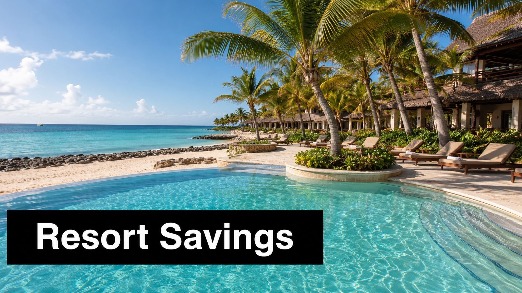 A luxurious tropical resort infinity pool overlooking a sandy beach with palm trees and clear blue ocean.