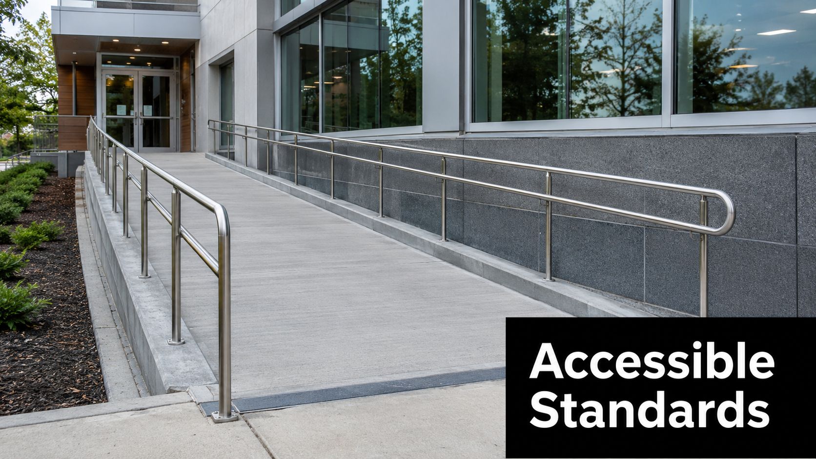 A modern building entrance featuring a concrete wheelchair ramp with stainless steel handrails for accessibility.