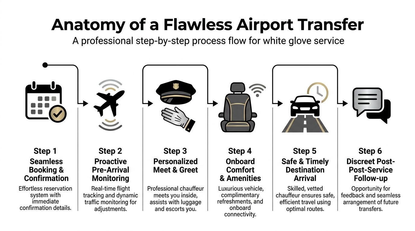 A professional infographic outlining the six steps of a flawless, white glove luxury airport transfer process.