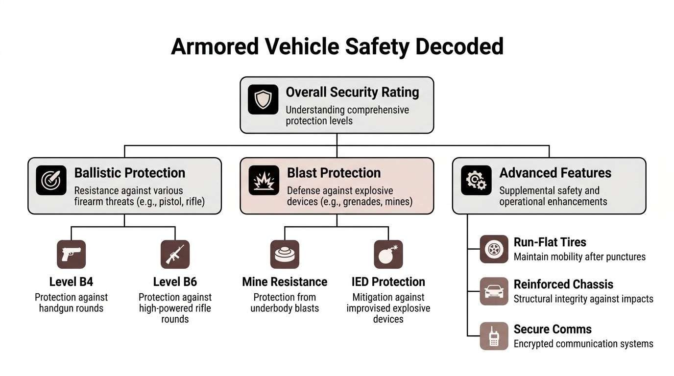 A diagram explaining the different protection levels and advanced safety features of armored vehicles.