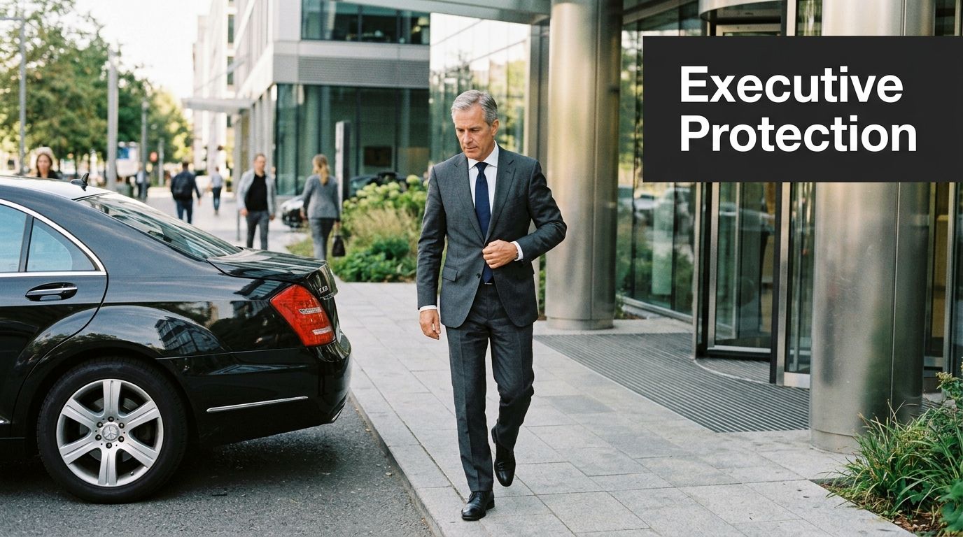 A professional man in a grey suit exiting a black car in front of a modern office building.