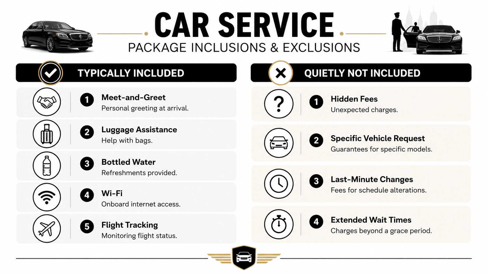 An infographic detailing typical inclusions and exclusions for professional car service booking packages for airport travel.