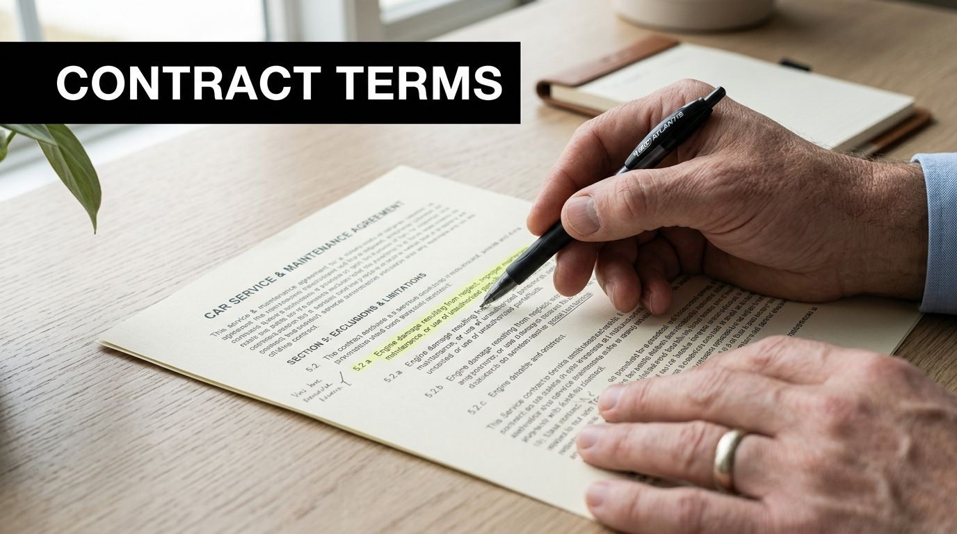A close-up view of a person's hand signing a car service and maintenance agreement document with a pen.