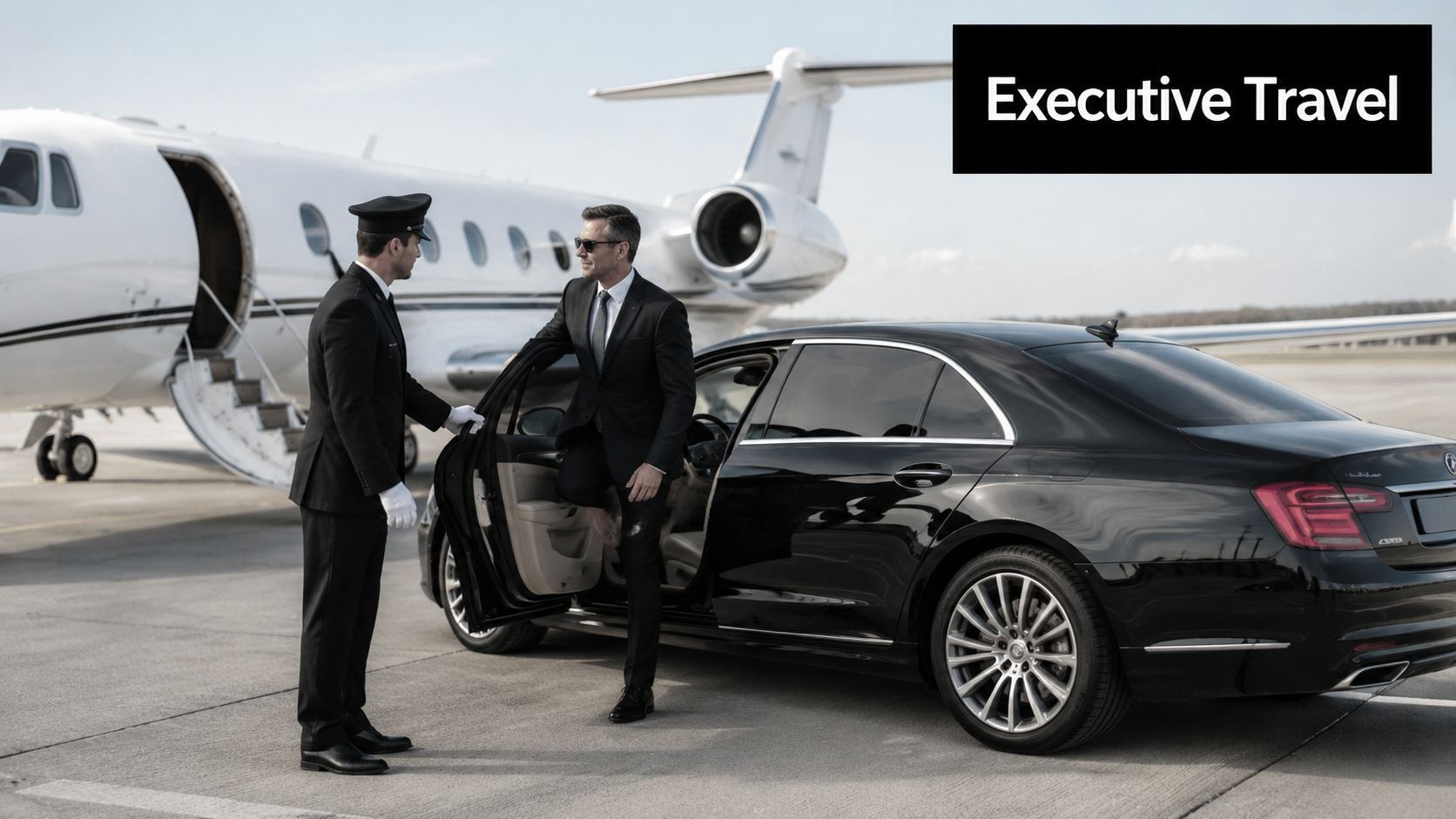 A professional chauffeur greeting a businessman stepping out of a luxury car next to a private jet.
